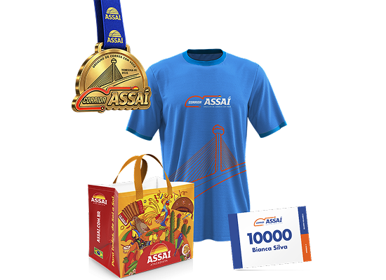 Kit completo da Corrida Assaí Teresina: medalha, camiseta, sacola retornável e número de peito